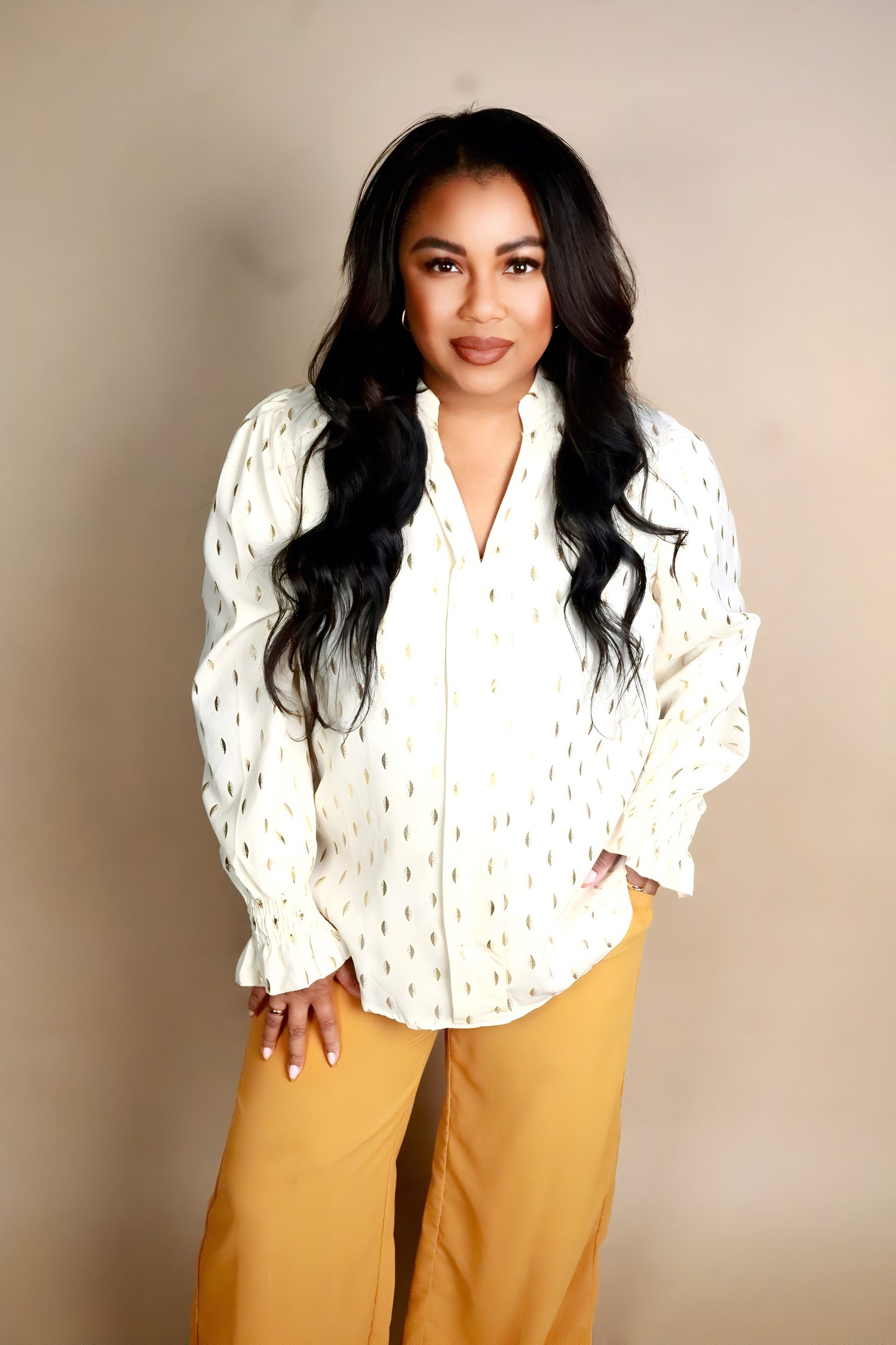 Cream Blouse with Smocked Cuffs