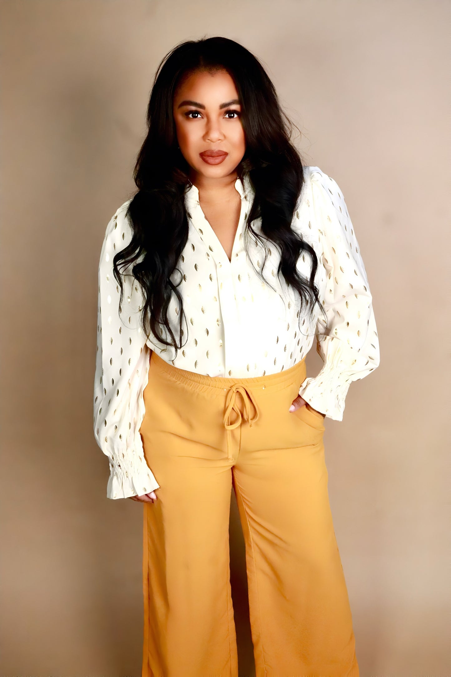 Cream Blouse with Smocked Cuffs