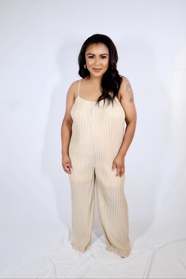 pleated taupe jump suit with spaghetti straps