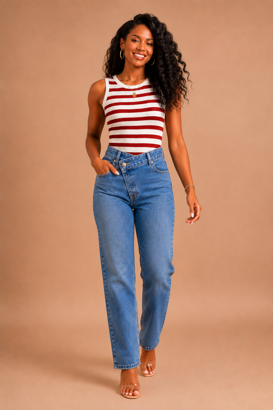 Asymmetrical waist straight leg jeans