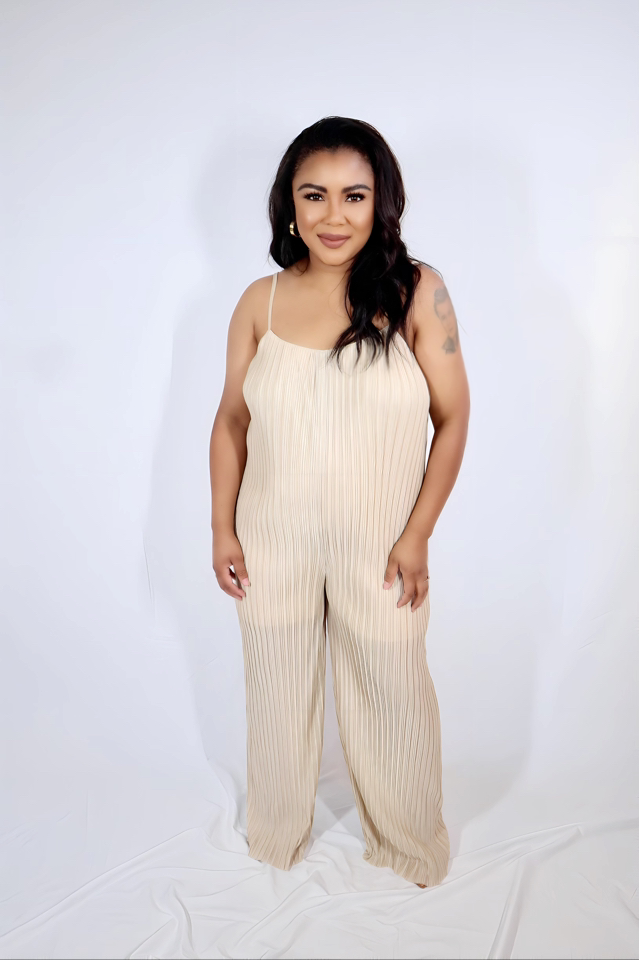 pleated taupe jump suit with spaghetti straps 